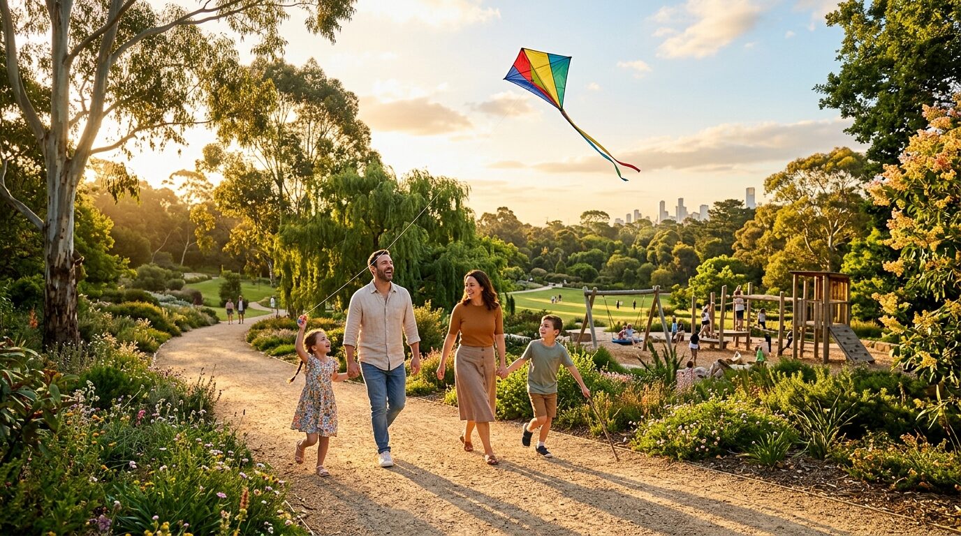 Joyful family with kids exploring a sunny outdoor park with a kite flying in the sky
